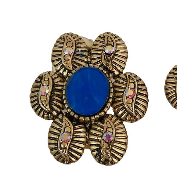 Vintage Blue Sodalite Flower Earrings Aurora Borealis Rhinestone Clip Estate DM - Picture 5 of 10